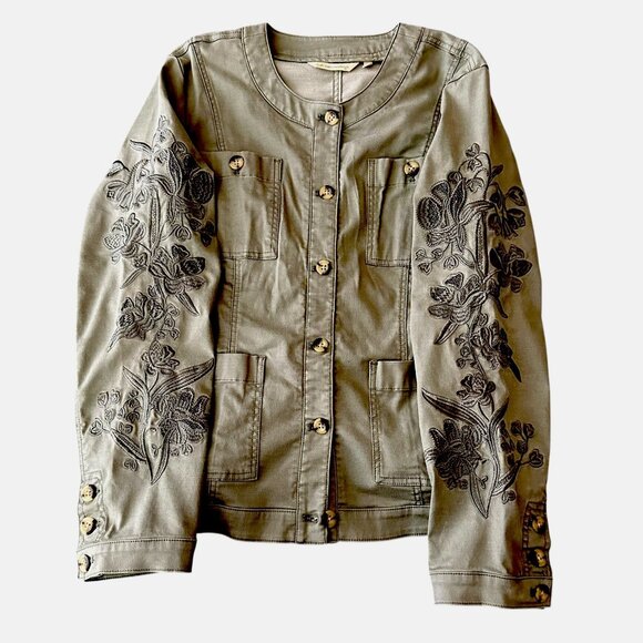 Soft Surroundings Womens Medium Green Embroidered Button Utility Jacket Pocket - Picture 11 of 11